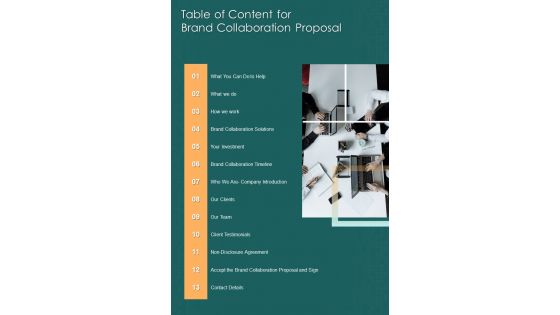 Table Of Content For Brand Collaboration Proposal One Pager Sample Example Document