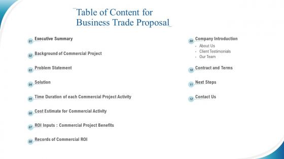 Table of content for business trade proposal ppt slides graphics tutorials