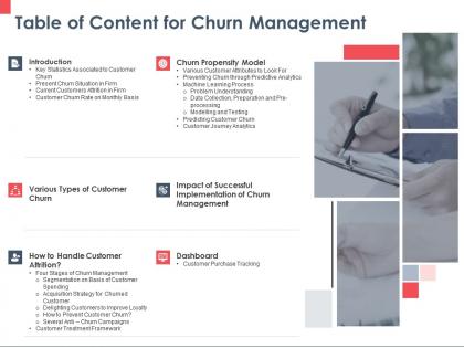 Table of content for churn management dashboard ppt powerpoint presentation show ideas