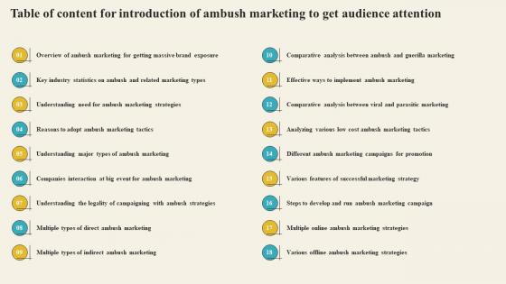 Table Of Content For Introduction Of Ambush Marketing To Get Audience Attention