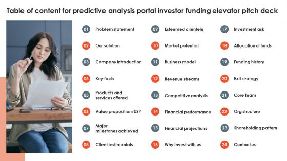 Table Of Content For Predictive Analysis Portal Investor Funding Elevator Pitch Deck