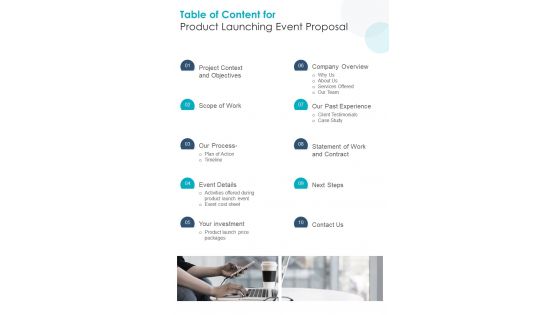 Table Of Content For Product Launching Event Proposal One Pager Sample Example Document