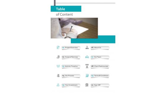 Table Of Content Freelance Copywriting Proposal One Pager Sample Example Document