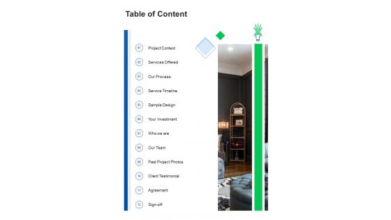Table Of Content Interior Design Consultation Proposal One Pager Sample Example Document