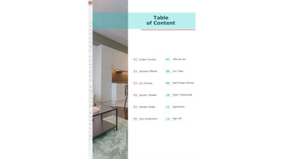 Table Of Content Interior Design Project Proposal One Pager Sample Example Document