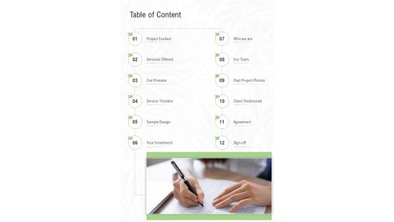 Table Of Content Interior Design Proposal Template One Pager Sample Example Document