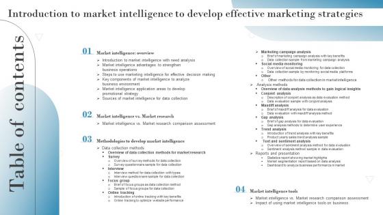 Table Of Content Introduction To Market Intelligence To Develop Effective Marketing Strategies MKT SS V