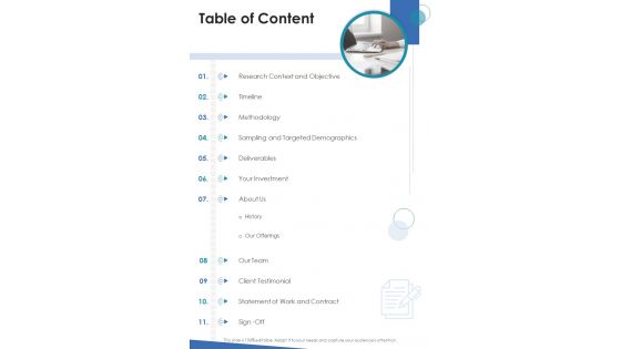 Table Of Content Market Research Proposal For New Product One Pager Sample Example Document