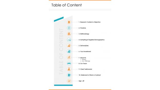 Table Of Content Market Research Proposal Template One Pager Sample Example Document