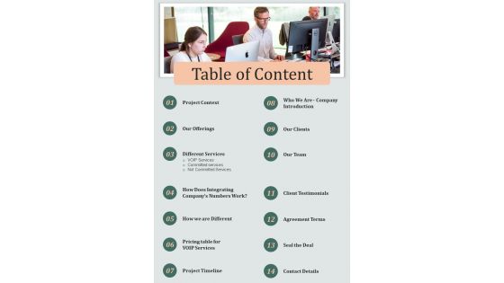 Table Of Content Mobile Voip Solution Development Proposal One Pager Sample Example Document