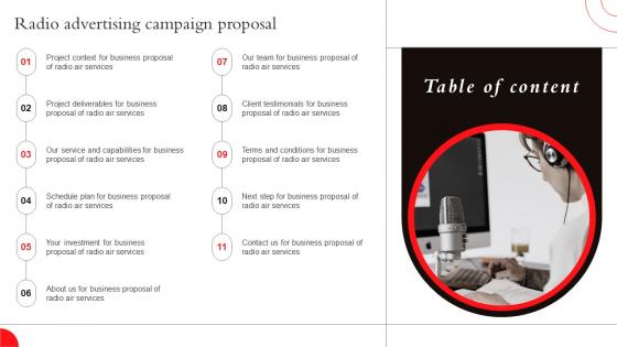 Table Of Content Radio Advertising Campaign Proposal Ppt Model Example