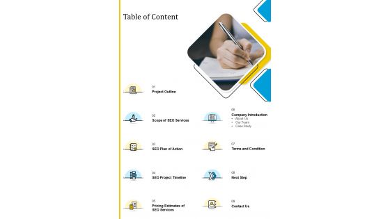 Table Of Content Search Engine Optimization Proposal Template One Pager Sample Example Document