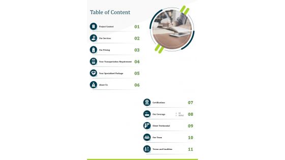 Table Of Content Shuttling Proposal One Pager Sample Example Document