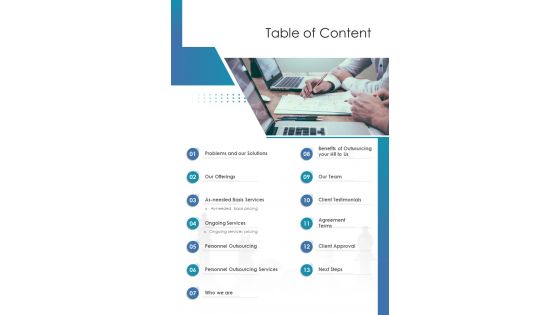 Table Of Content Strategic HRM Outsourcing Proposal One Pager Sample Example Document