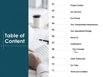 Table of content transportation requirement l40 ppt powerpoint presentation tips