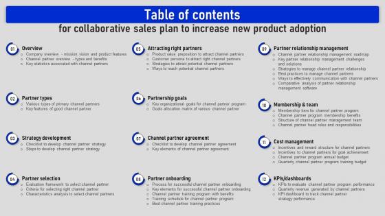 Table Of Contents  For Collaborative Sales Plan To Increase New Product Adoption Strategy SS V