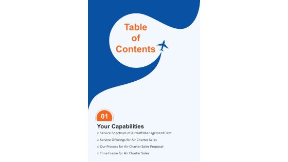 Table Of Contents Air Charter Sales Proposal One Pager Sample Example Document