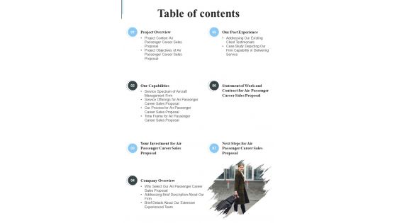 Table Of Contents Air Passenger Career Sales One Pager Sample Example Document