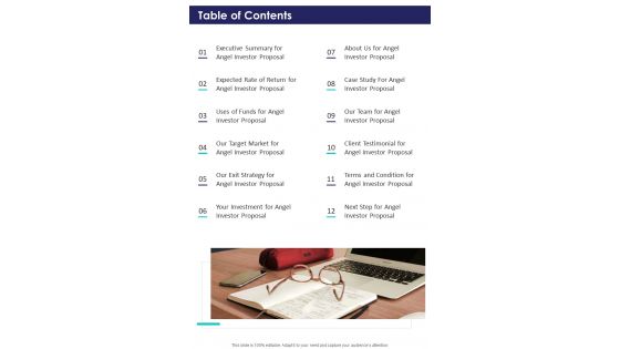 Table Of Contents Angel Investor Proposal One Pager Sample Example Document