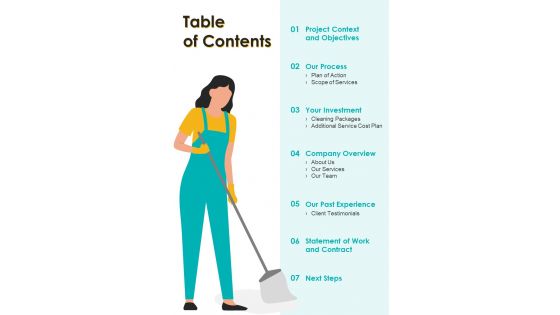 Table Of Contents Apartment Wash Business Proposal One Pager Sample Example Document