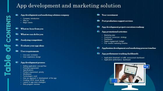 Table Of Contents App Development And Marketing Solution