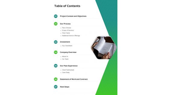 Table Of Contents Book Publishing And Printing Proposal One Pager Sample Example Document