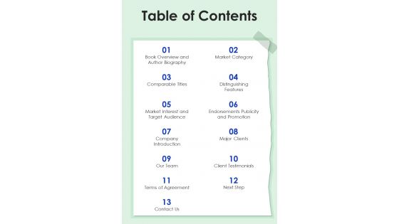 Table Of Contents Book Publishing Proposal One Pager Sample Example Document
