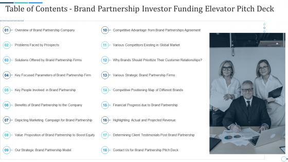 Table of contents brand partnership investor funding elevator pitch deck