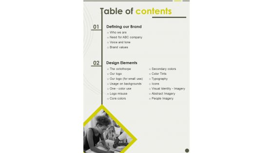 Table Of Contents Brand Playbook One Pager Sample Example Document