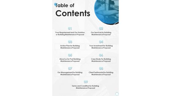 Table Of Contents Building Maintenance Proposal One Pager Sample Example Document