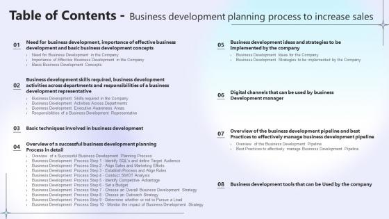 Table Of Contents Business Development Planning Process To Increase Sales