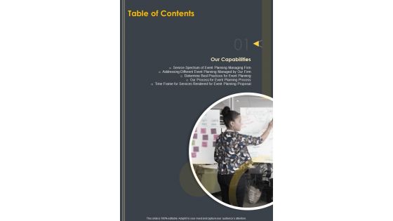 Table Of Contents Business Event Planning And Management One Pager Sample Example Document