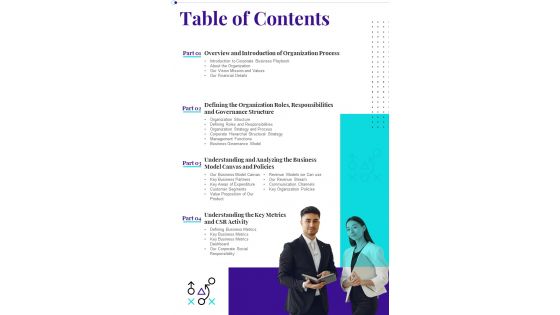 Table Of Contents Business Playbook One Pager Sample Example Document