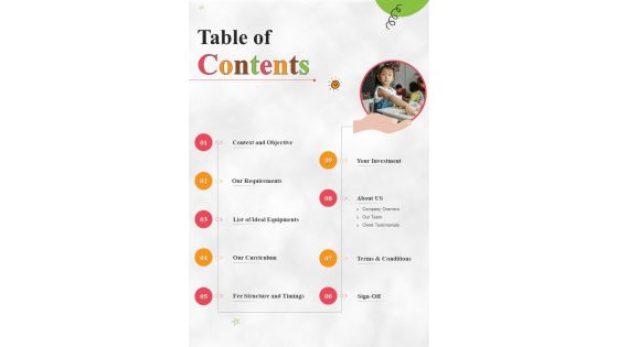 Table Of Contents Business Proposal For Daycare Center One Pager Sample Example Document