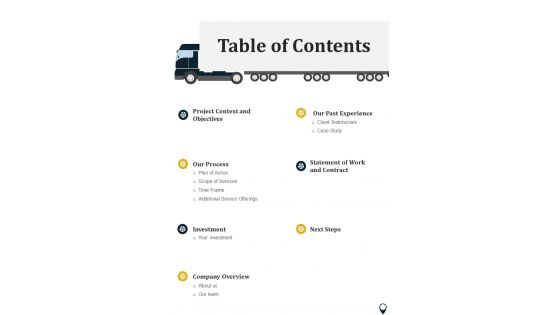 Table Of Contents Business Proposal For Trucking Company One Pager Sample Example Document