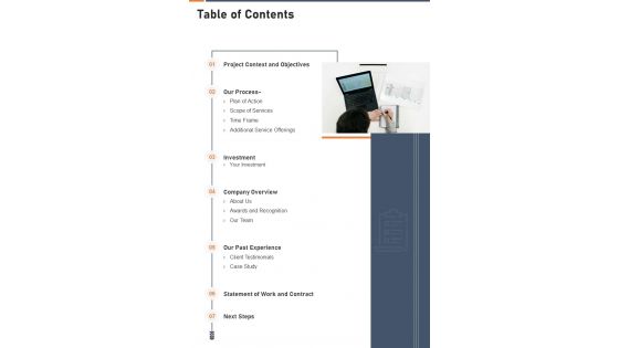 Table Of Contents Buy Proposal Template One Pager Sample Example Document