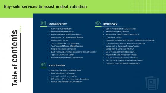 Table Of Contents Buy Side Services To Assist In Deal Valuation