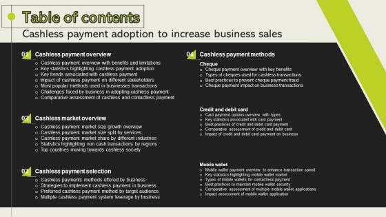 Table Of Contents Cashless Payment Adoption To Increase Cashless Payment Adoption To Increase
