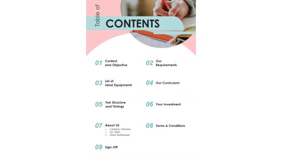 Table Of Contents Child Development Center Business Proposal One Pager Sample Example Document