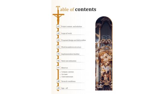 Table Of Contents Church Construction Project Proposal One Pager Sample Example Document