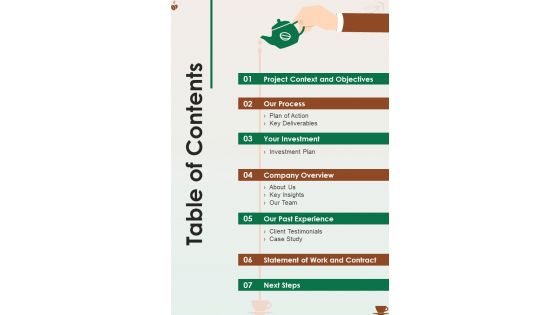 Table Of Contents Coffeehouse Proposal One Pager Sample Example Document