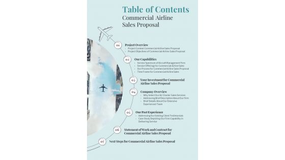 Table Of Contents Commercial Airline Sales Proposal One Pager Sample Example Document