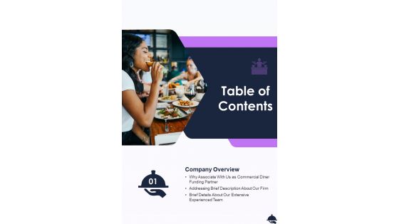 Table Of Contents Commercial Diner Funding Proposal One Pager Sample Example Document