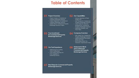 Table Of Contents Commercial Property Brokerage Services Proposal One Pager Sample Example Document