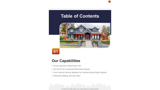 Table Of Contents Commercial Real Estate Proposal One Pager Sample Example Document