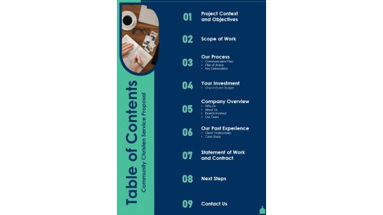 Table Of Contents Community Christen Service Proposal One Pager Sample Example Document