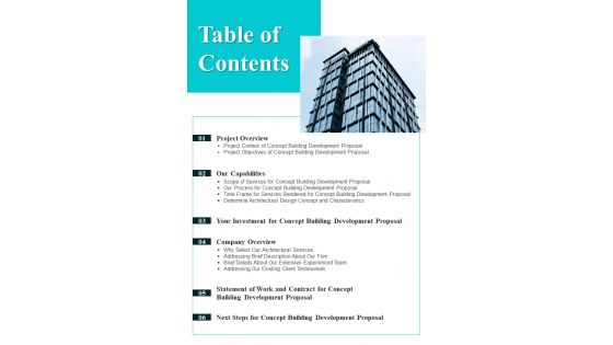 Table Of Contents Concept Building Development Proposal One Pager Sample Example Document