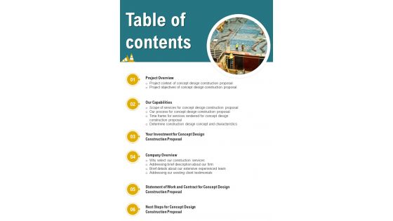Table Of Contents Concept Design Construction Proposal One Pager Sample Example Document