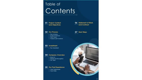Table Of Contents Consignment Scrutiny Software Proposal One Pager Sample Example Document