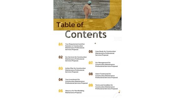 Table Of Contents Construction Maintenance Professional Services Proposal One Pager Sample Example Document